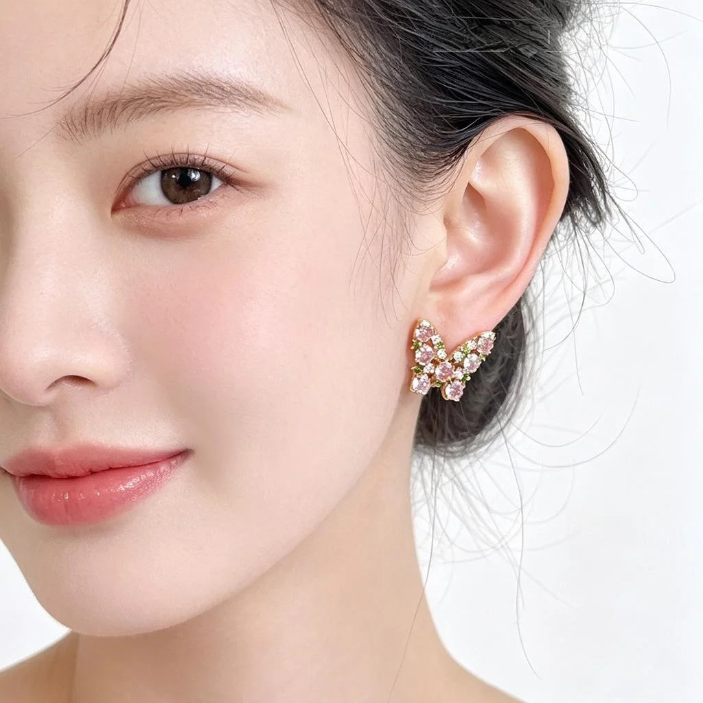 Colorful Zircon Butterfly Stud Earrings Eco Copper Lolita Style Insect Jewelry