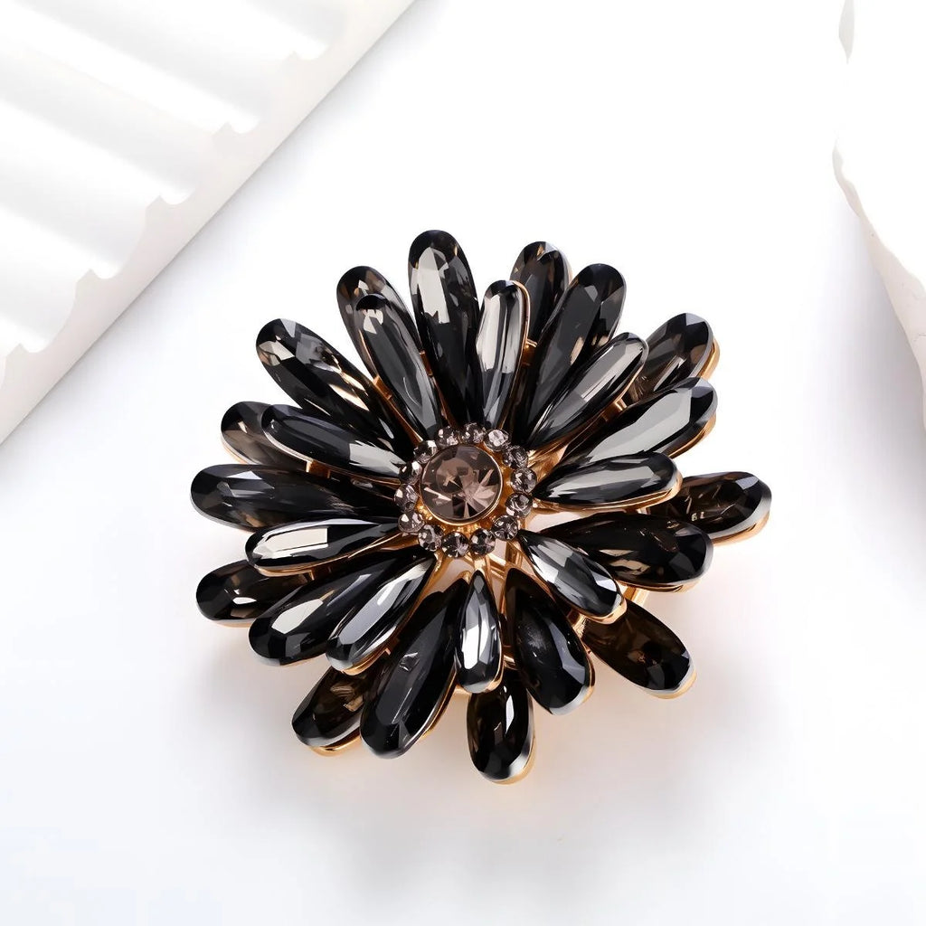 Elegant Double Layer Sunflower Rhinestone Brooch, Smoky Crystal Flower Lapel Pin Corsage Suit Accessory