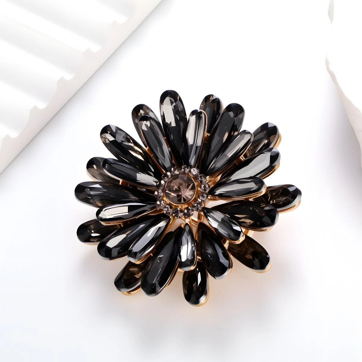 Elegant Double Layer Sunflower Rhinestone Brooch, Smoky Crystal Flower Lapel Pin Corsage Suit Accessory
