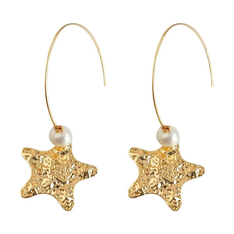 18K Thick Plated Copper Star Freshwater Pearl Drop Earrings Light Luxury French Style