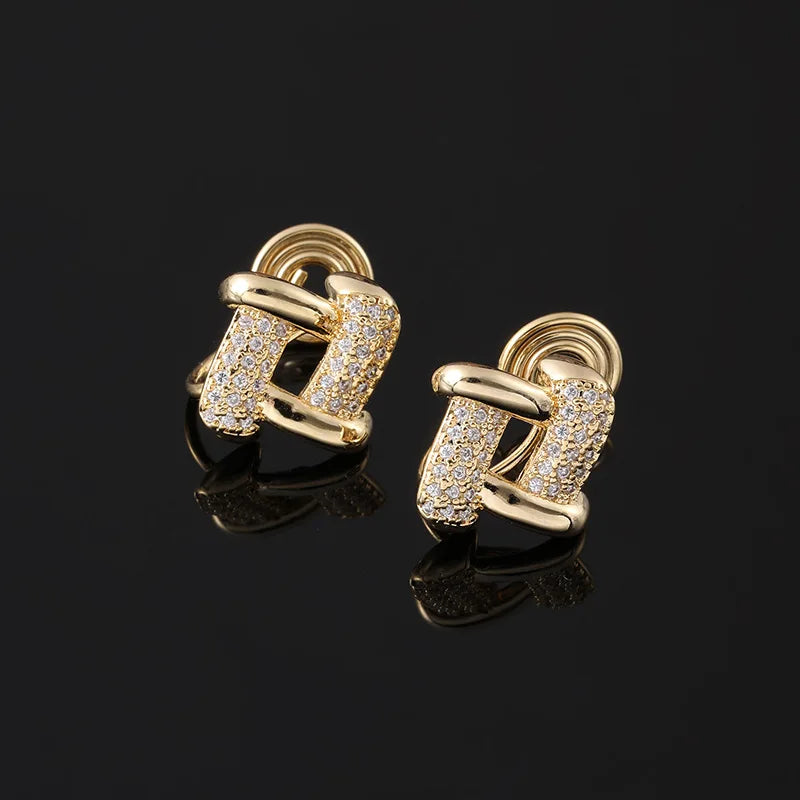 Elegant Geometric Diamond Link Zircon Alloy Stud & Clip On No Piercing Commuter Fashion Earrings