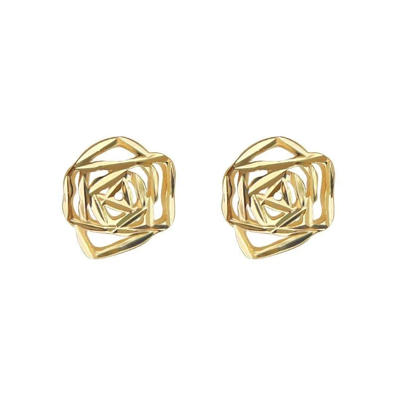 Light Luxury 14K Plated Copper Rose Flower Stud Earrings And Hollow Petal Design