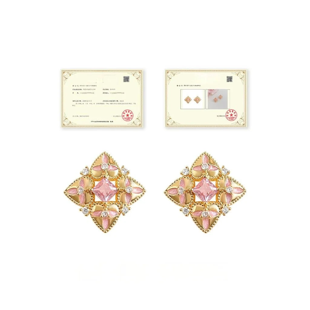 Copper Micro Pave Zircon Painted Geometric Floral Chic Stud Earrings