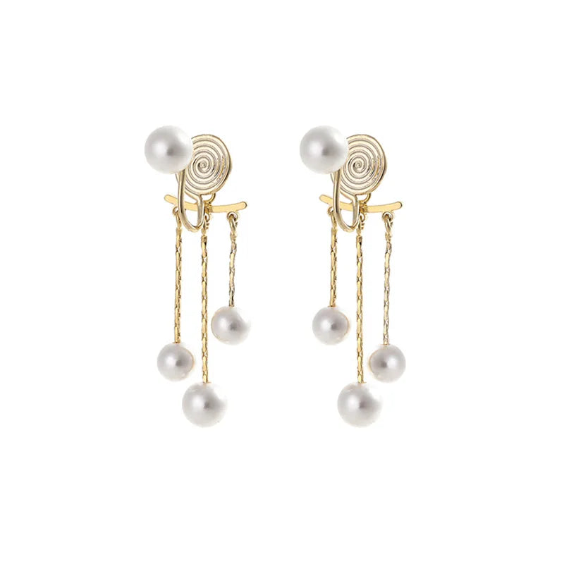 Elegant Pearl Tassel Spiral Disc Alloy Stud & Clip On No Piercing Back Hanging Drop Earrings