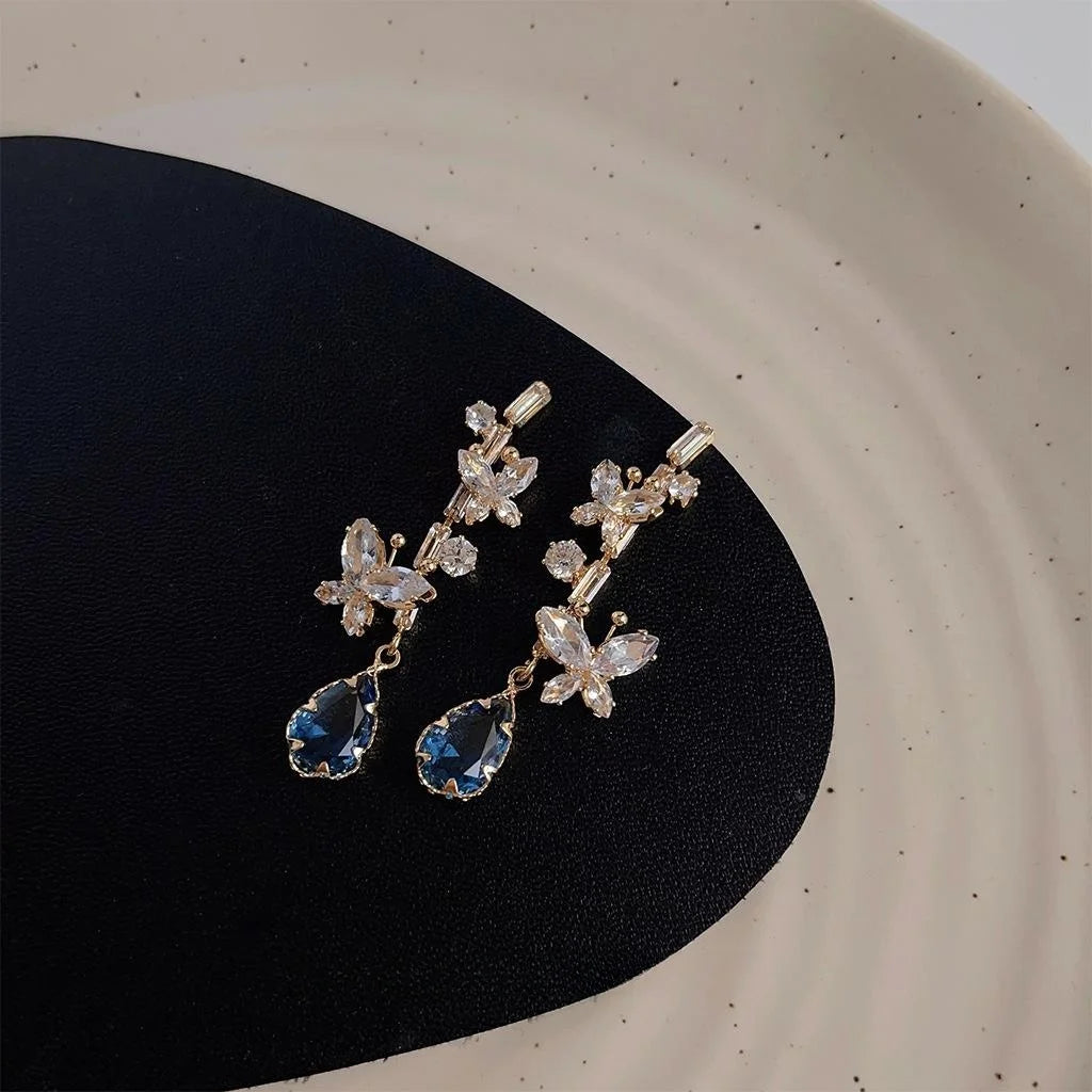 14K Plated Copper Butterfly Waterdrop Zircon Glass Crystal Stud Earrings