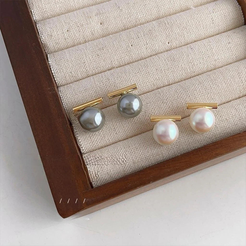 Premium Round Glass Pearl Stud Earrings 14K Plated Minimalist Elegant Ear Jewelry