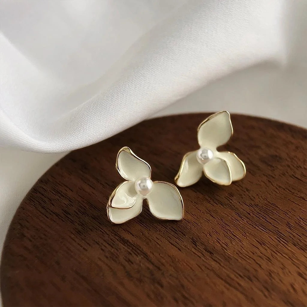 French Vintage Cream White Iris Flower Pearl Copper Stud Earrings With Leaf Design