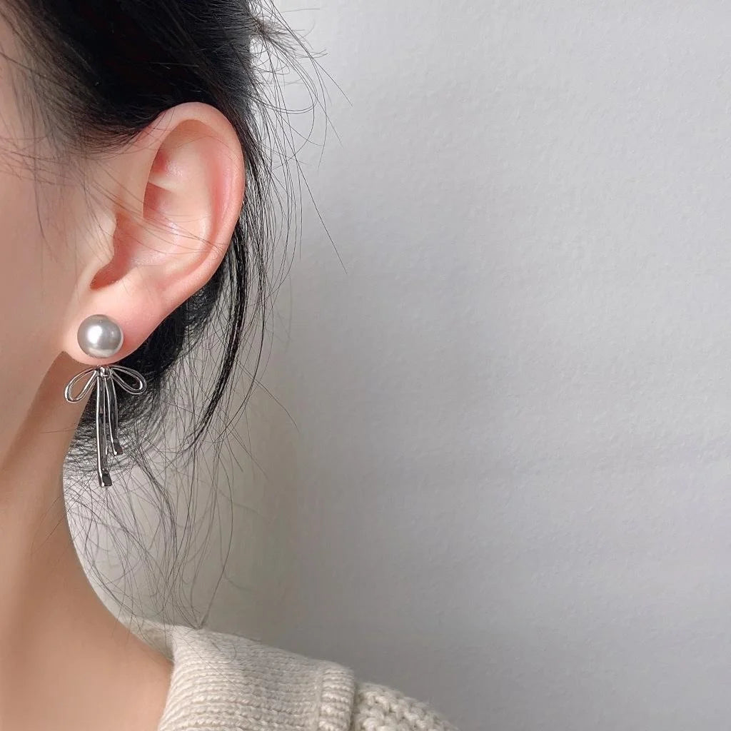 Niche Designer Bow Pearl Drop Earrings Copper Two Way Wear Fashion Jewelry