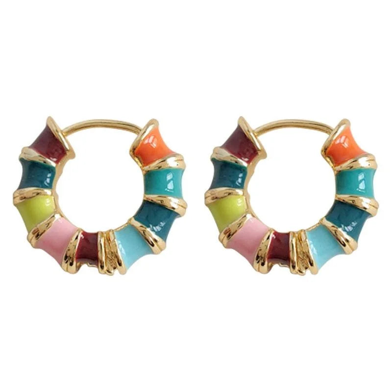Ethnic Colorful Enamel Copper Hoop Stud Earrings Candy Color Geometric Jewelry