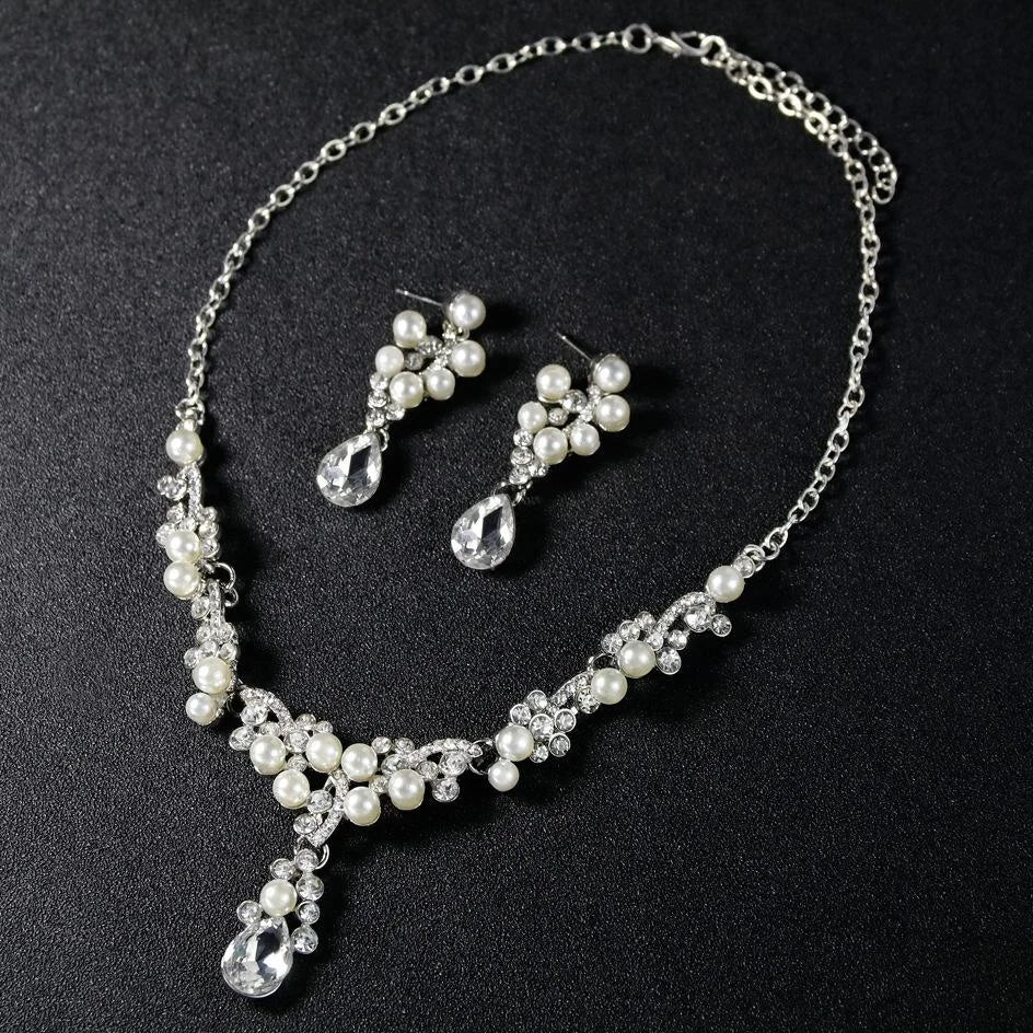 Elegant Bridal Pearl Rhinestone Crystal Drop Earrings And Necklace Jewelry Set For Wedding Party Banquet Gift