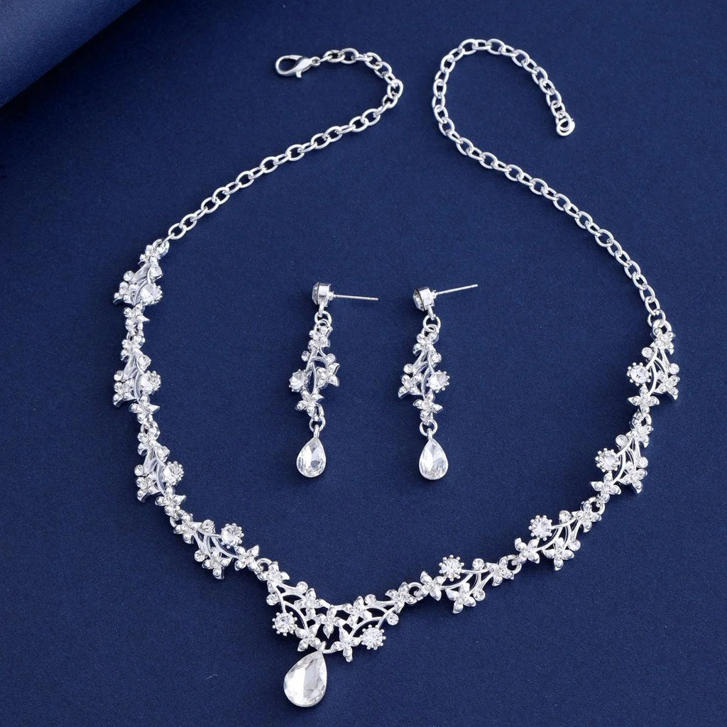 Luxury Crystal Teardrop Floral Necklace And Earrings Jewelry Set, Elegant Bridal Jewelry For Wedding Party
