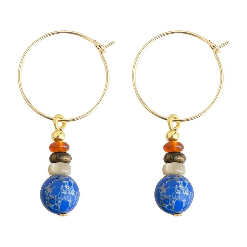 Vintage Ethnic Copper Hoop Earrings With Tiger Eye Agate Imperial Stone Shell Tassel