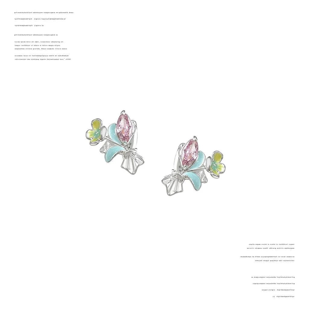 Designer Copper Zircon Micro Pave Enamel Bouquet Flower Stud Earrings Fresh Sweet Jewelry