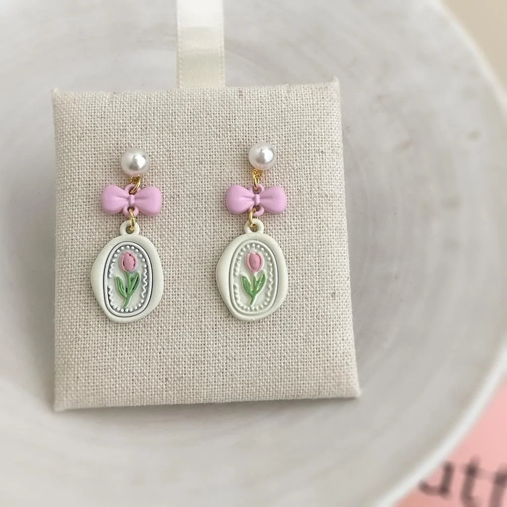 Sweet Fresh Pink Enamel Tulip Bow Flower Eco-Friendly Copper Drop Earrings For Women