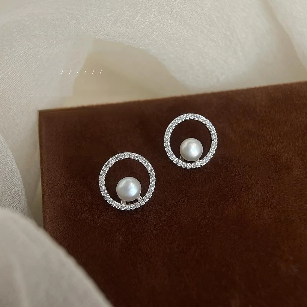 Freshwater Pearl Copper Stud Earrings Micro Pave Zircon Geometric Round Hollow Line Jewelry