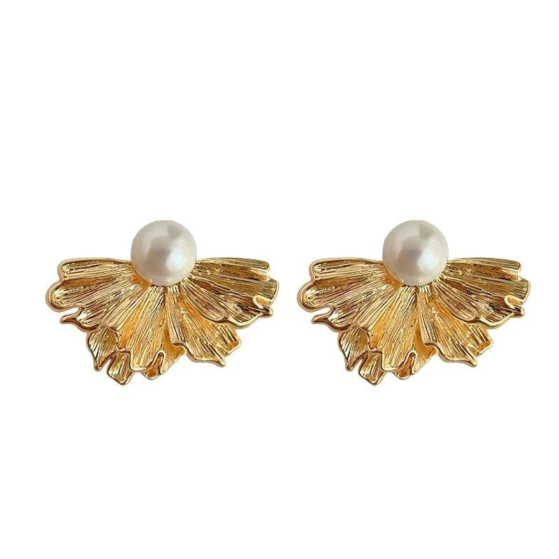 French Vintage Copper Freshwater Pearl Irregular Flower Petal Drop Earrings For Women