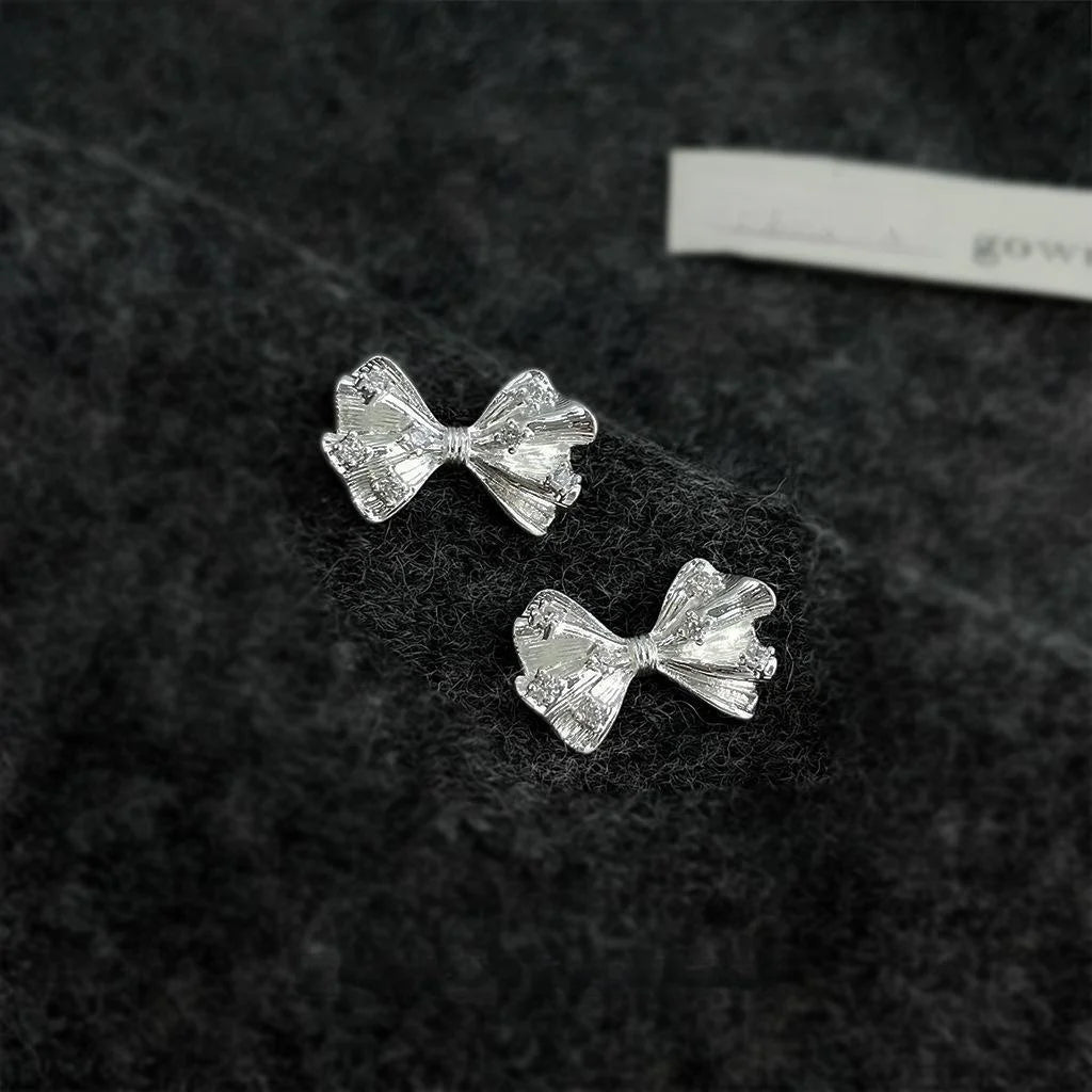 Silver Plated Copper Micro Pave Zircon Bow Stud Earrings Sweet Minimalist Geometric Jewelry