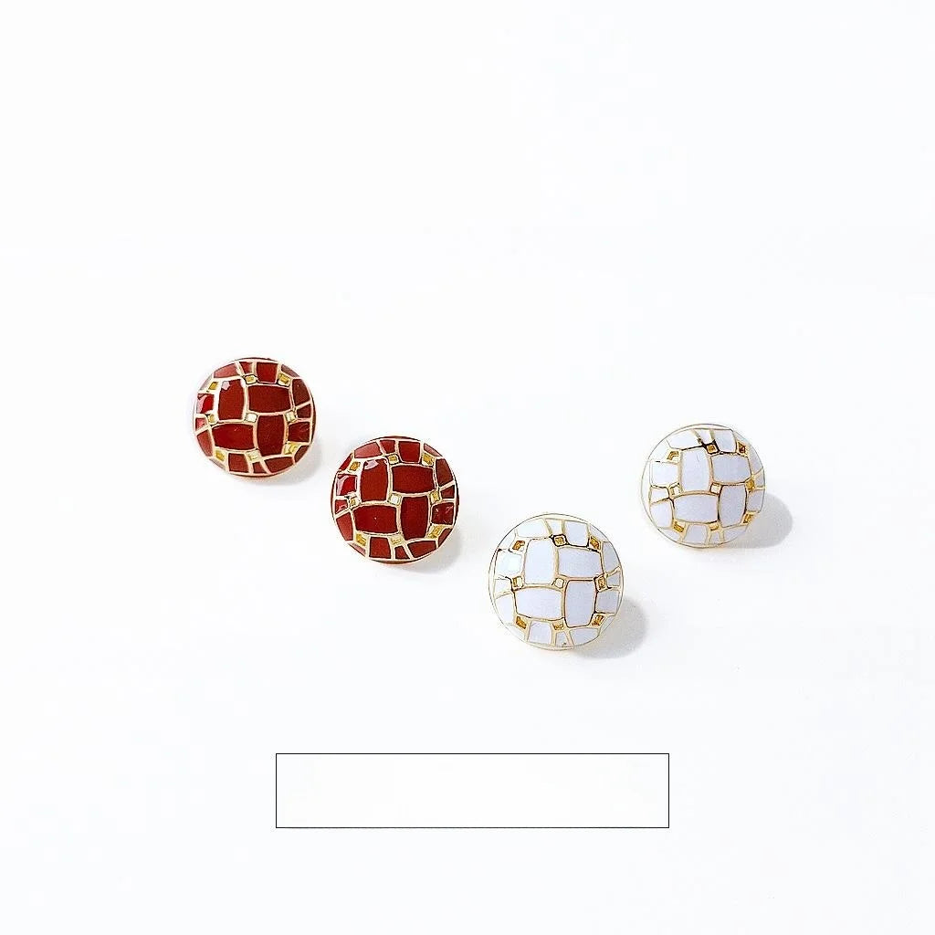 Premium Minimalist Burgundy Round Geometric Enamel Copper Stud Earrings With Silver Plated Pins