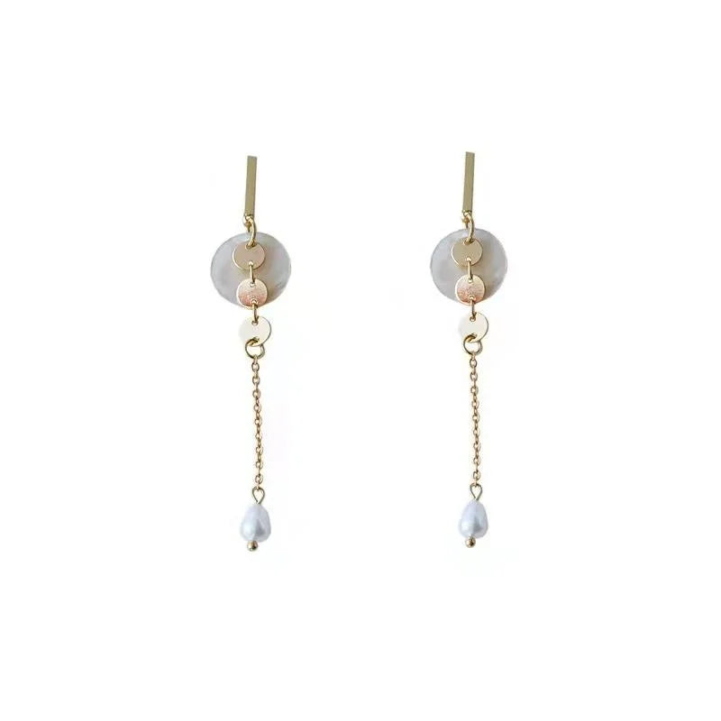 14K Plated Freshwater Pearl Long Tassel Drop Earrings Handmade Korean Style Jewelry