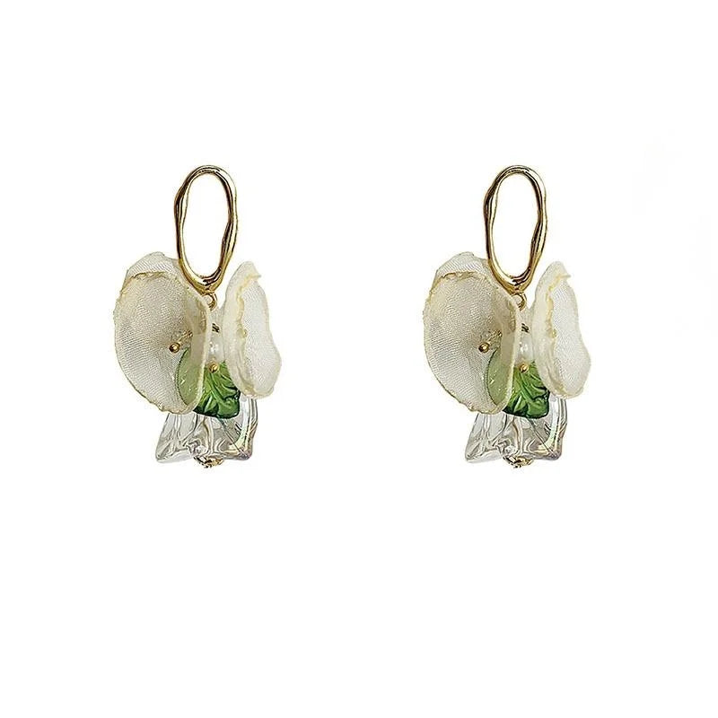 14K Plated Lightweight Acrylic Sheer Gauze Flower Drop Earrings For Women Vintage Forest Style