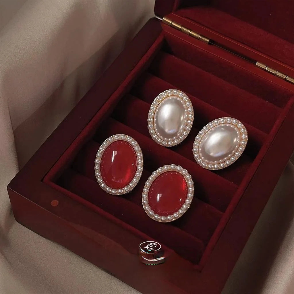 Vintage Court Style 14K Plated Oval Pearl Stud Earrings With Burgundy Metal Accents