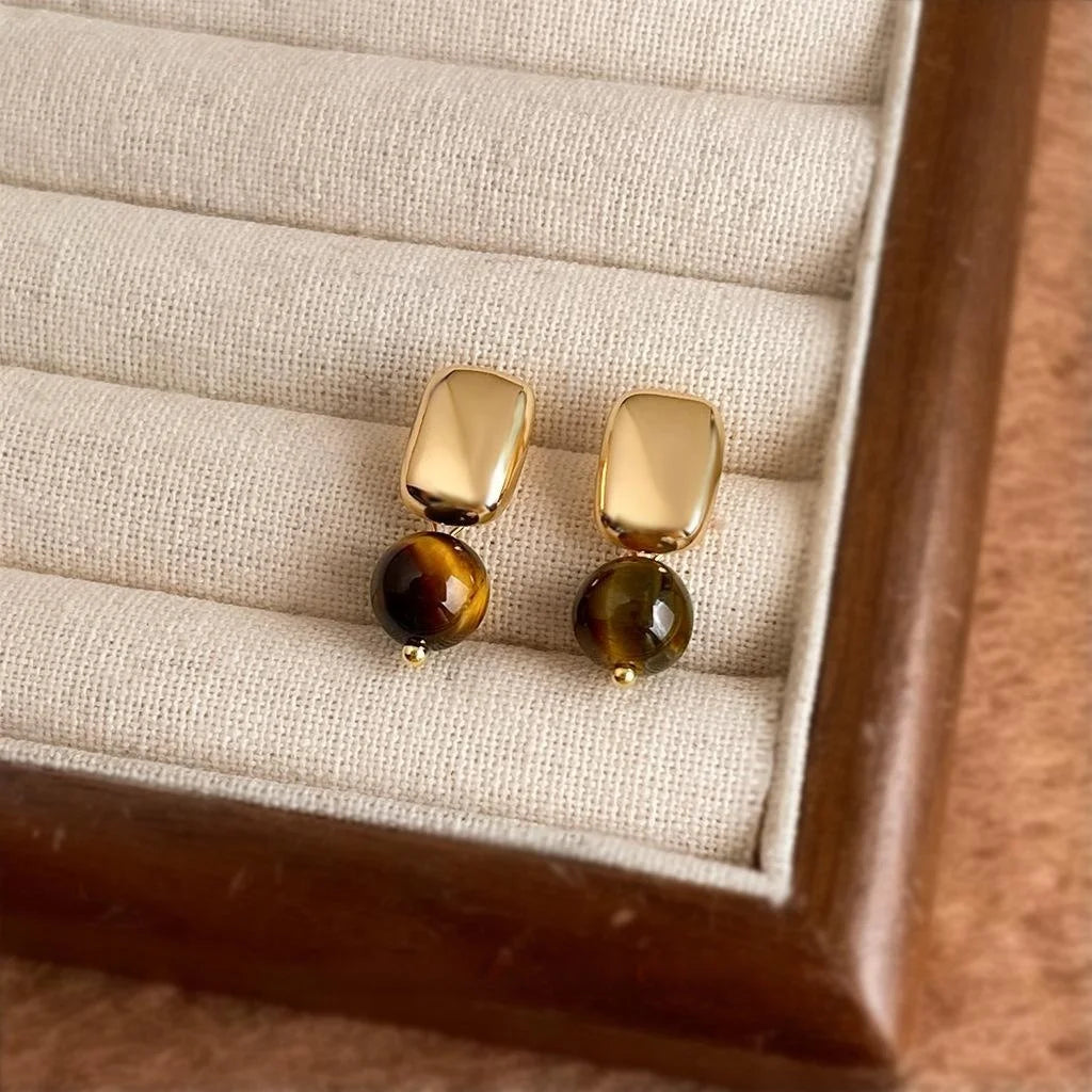 Maillard Style 14K Plated Copper Tiger Eye Stone Geometric Square Drop Earrings