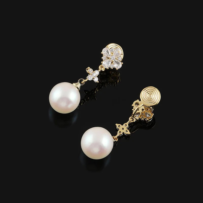 Elegant Gold Tone Flower Zircon Faux Pearl Long Drop Stud & Clip On No Piercing Dangle Earrings
