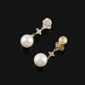 Elegant Gold Tone Flower Zircon Faux Pearl Long Drop Stud & Clip On No Piercing Dangle Earrings