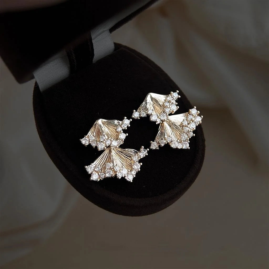 Champagne Gold Micro Pave Zircon Geometric Ginkgo Leaf Tassel Drop Earrings Eco Copper