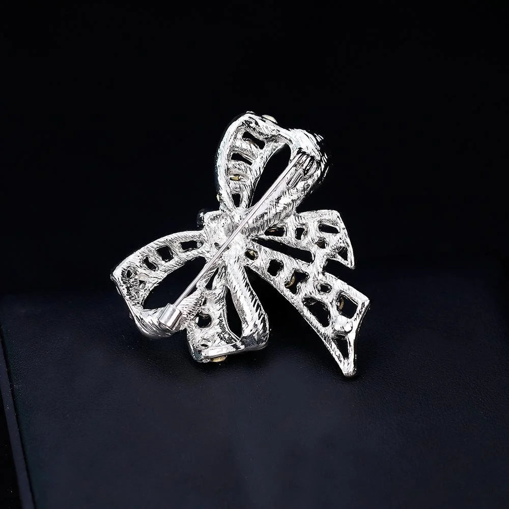 Elegant Rhinestone Bow Brooch Silver Alloy Crystal Lapel Pin Corsage For Women's Suit Accessory Gift