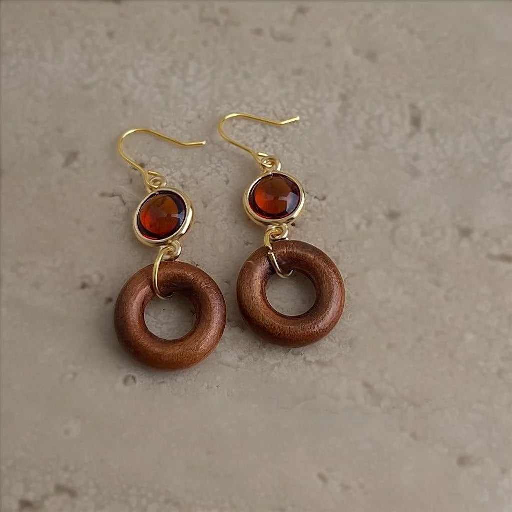 Handmade Ethnic Vintage Wooden Hollow Glass Crystal Peace Buckle Drop Earrings