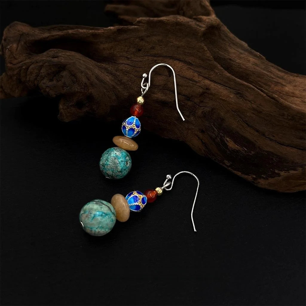 Vintage Ethnic Handmade Enamel Drop Earrings With Red Agate Hubei Turquoise And Chalcedony