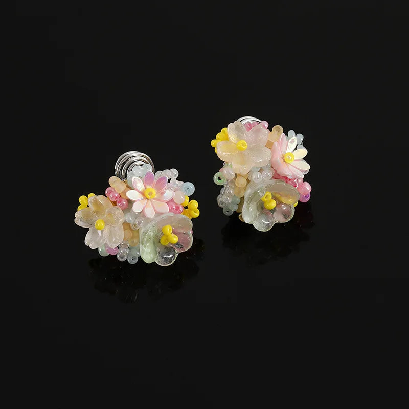 Sweet Colorful Handmade Crystal Beaded Daisy Flower Stud & Clip On No Piercing Vacation Style Earrings