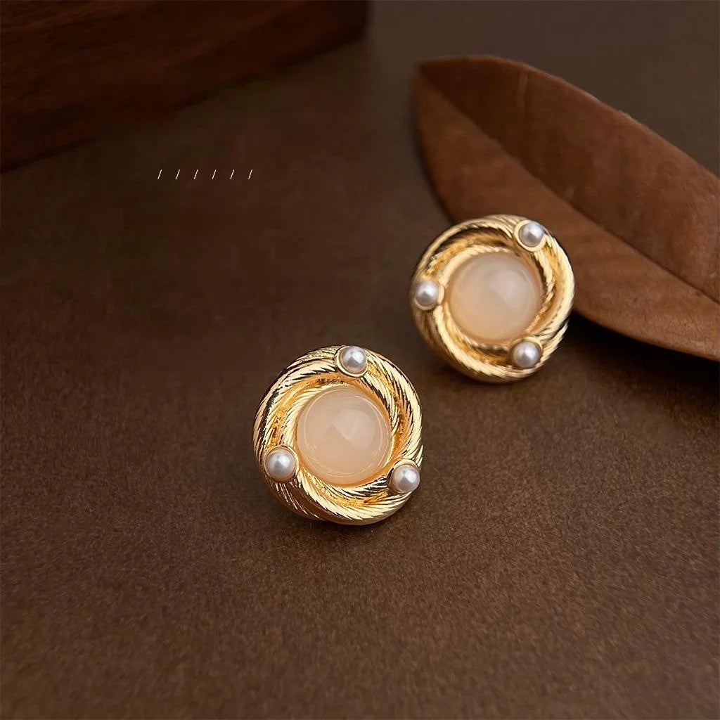 French Vintage 14K Plated Copper Geometric Round Line Stud Earrings