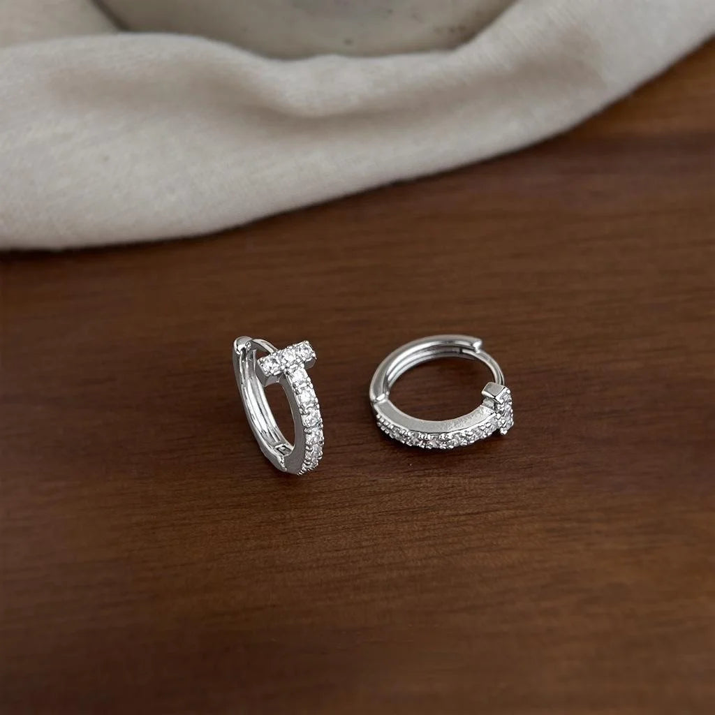 Minimalist T Shape Zircon Micro Pave Eco Copper Stud Earrings For Women Geometric Round Jewelry