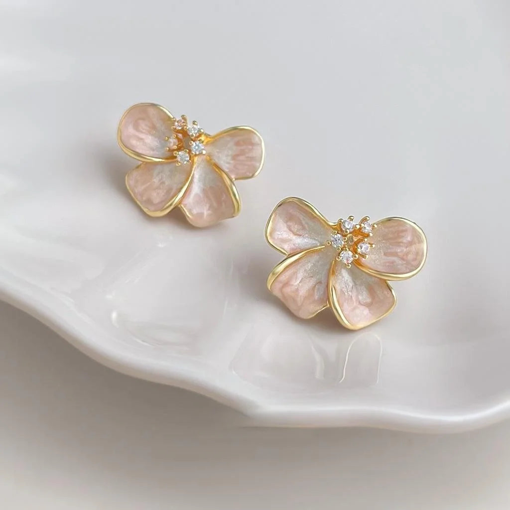 Fairy Style Gradient Enamel Flower Stud Earrings With Zircon, Copper