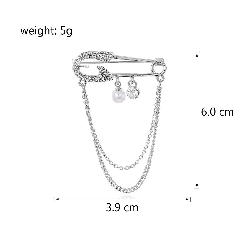 Elegant Gold Alloy Safety Pin Brooch With Rhinestone Pearl Drops And Chain, Women's Lapel Pin Gift