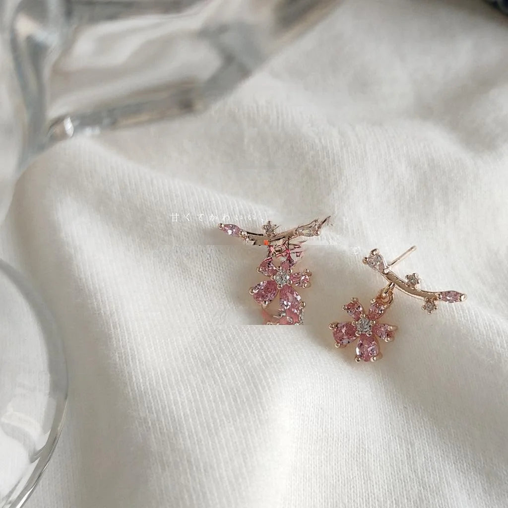14K Plated Copper Flower Stud Earrings With Micro Pave Zircon Sweet Korean Style