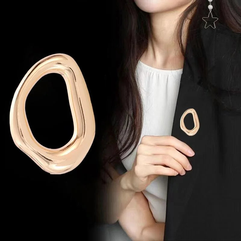 Elegant Smooth Irregular Oval Ring Alloy Brooch Silver Tone Lapel Pin Corsage Suit Accessory Gift