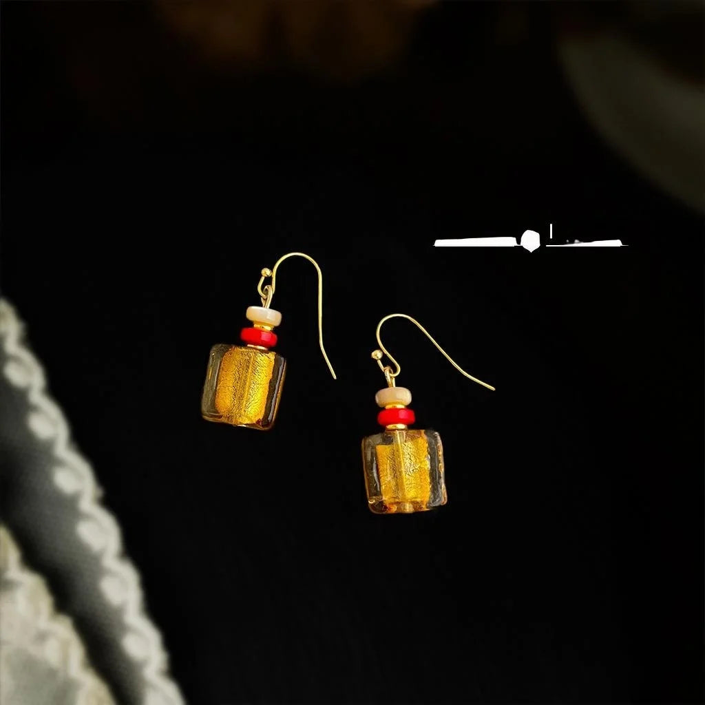 Handmade Vintage Chinese Style Copper Shell Glass Glaze Geometric Square Drop Earrings