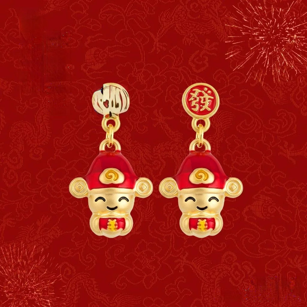 Chinese New Year Enamel Painted Eco Copper Wealth God Drop Earrings Festive Cartoon Jewelry
