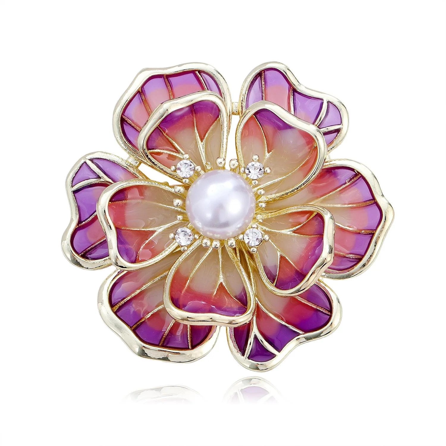 Elegant Chinese Style Enamel Peony Flower Brooch With Faux Pearl Rhinestones, Luxury Lapel Pin Suit Accessory