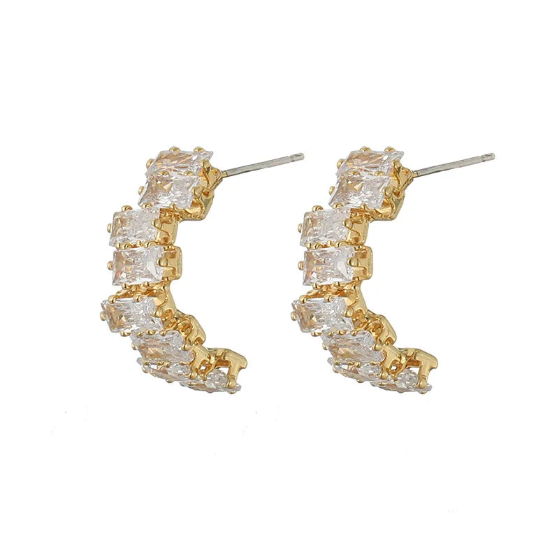 Elegant Square Zircon Spiral Cuff Hoop Stud & Clip On No Piercing Silver Needle Women's Earrings