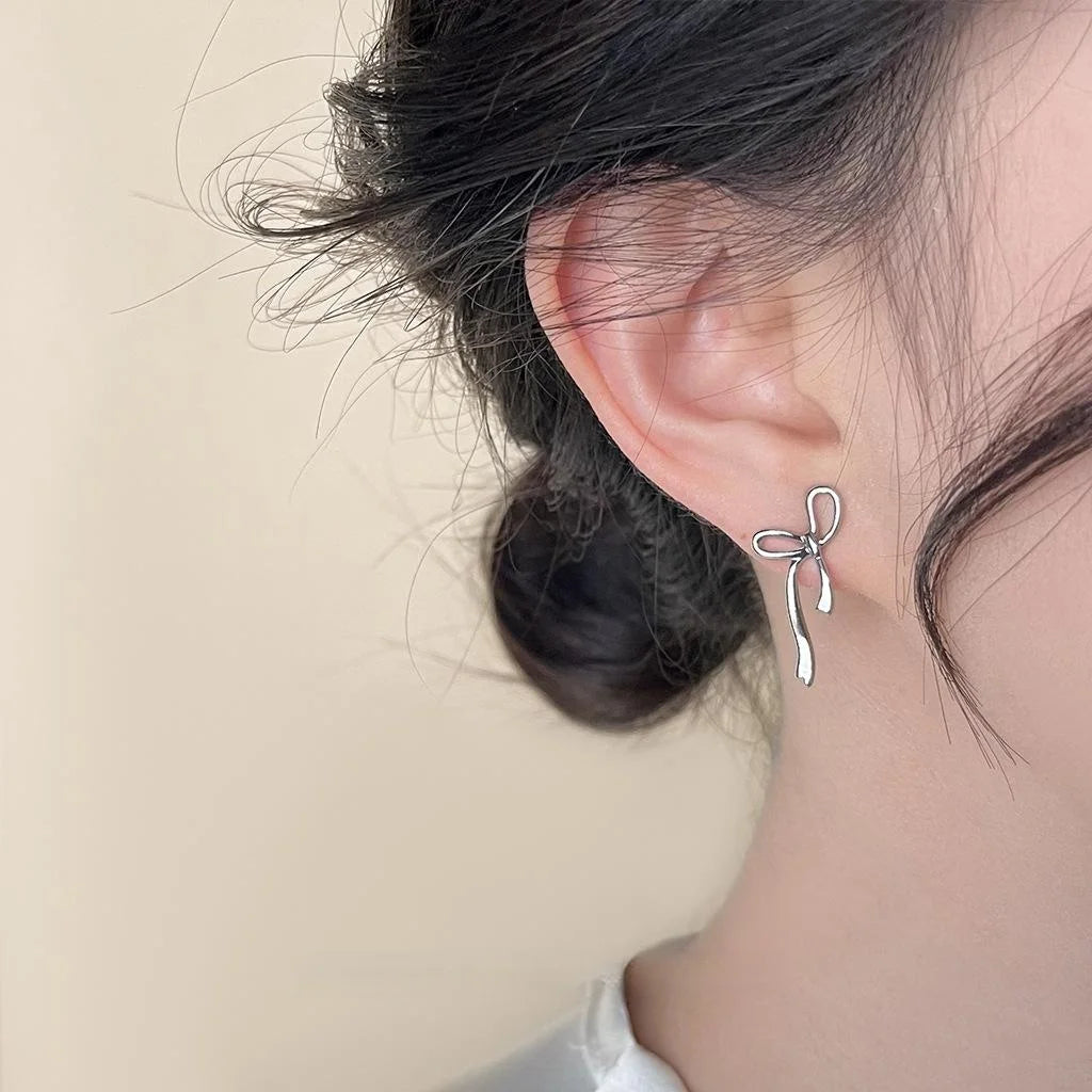 Eco-Friendly Copper Liquid Bow Stud Earrings Sweet Cool Minimalist Women's Fashion Jewelry