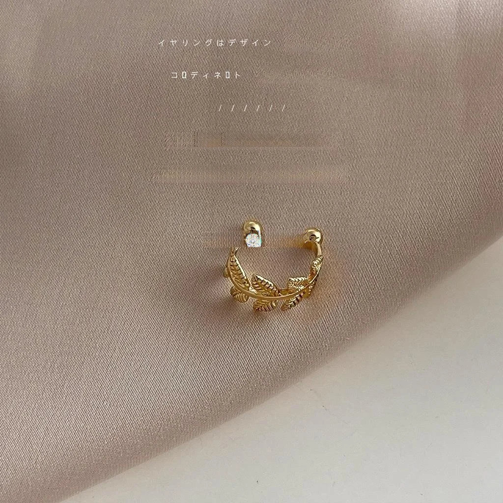 Non Pierced Real Gold Plated Copper Leaf Ear Clip Drop Earrings Korean Minimalist Style