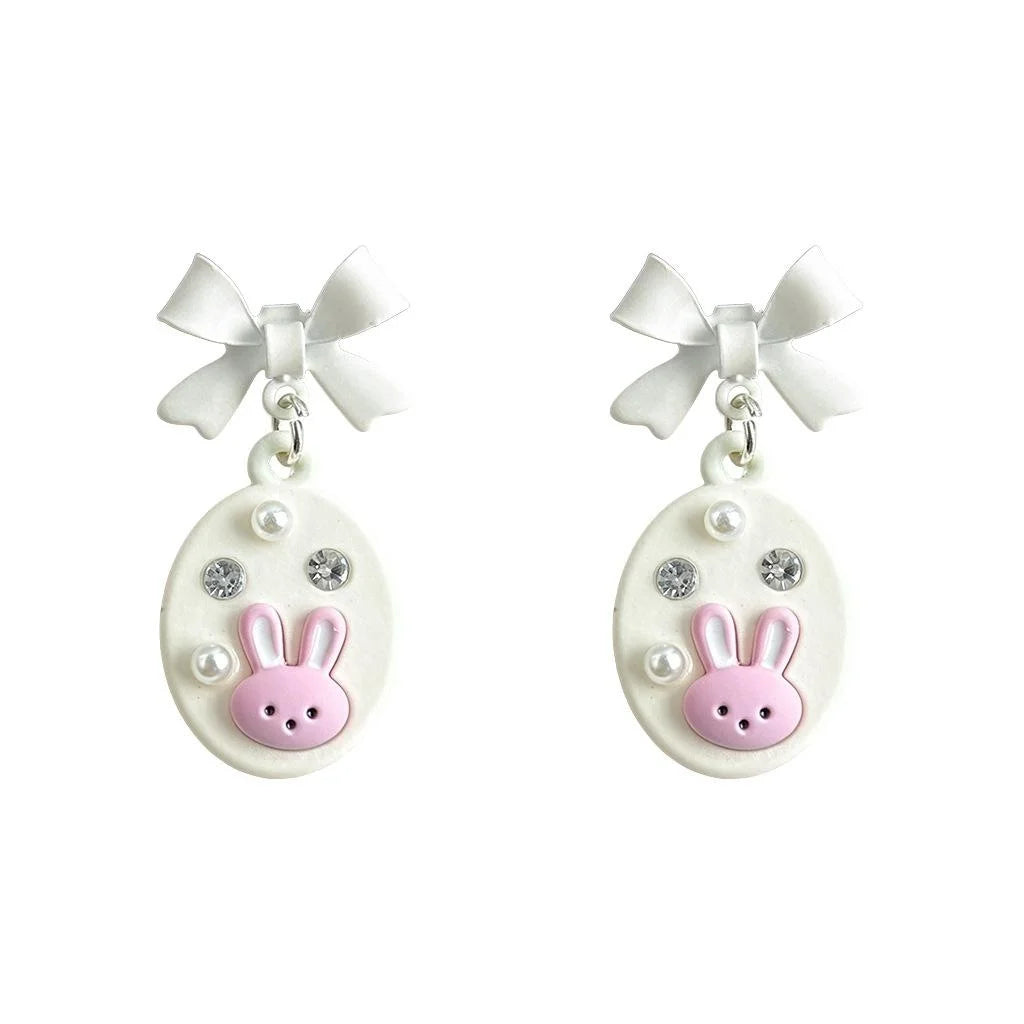 Cute Enamel Rhinestone Bunny Bow Pearl Copper Drop Earrings Sweet Kawaii Jewelry