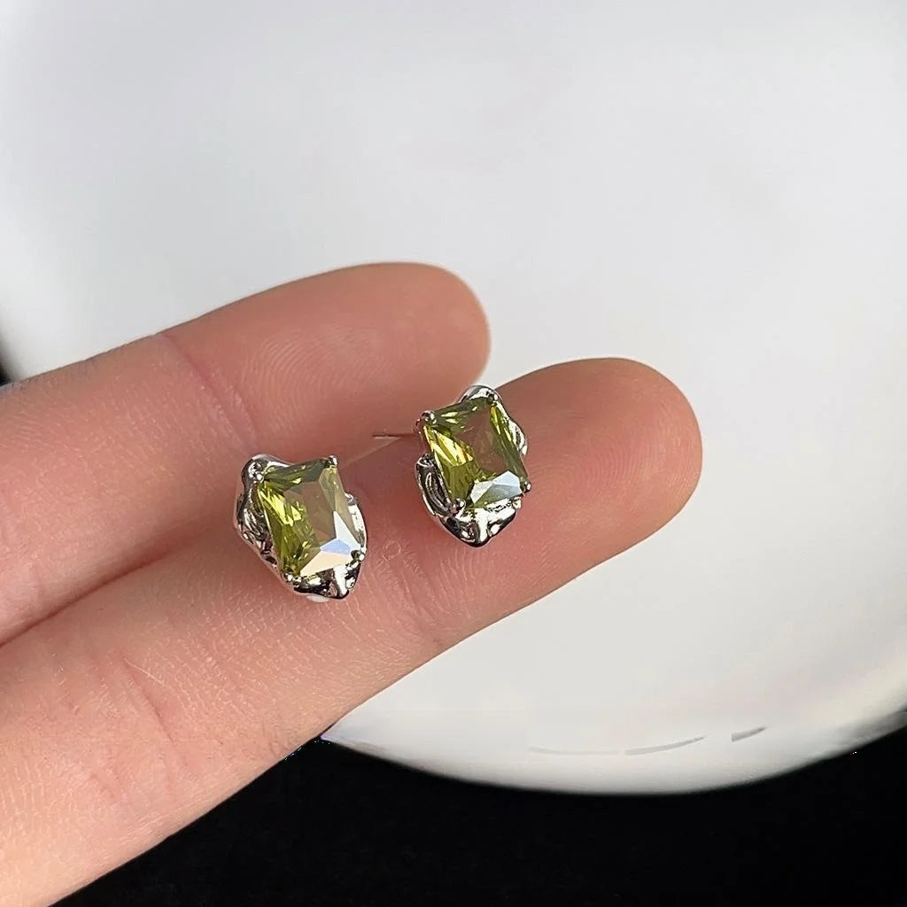 Irregular Geometric Olive Green Zircon Stud Earrings Copper Sweet Cool Style