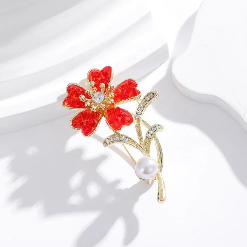 Elegant Enamel Flower Brooch With Rhinestone Leaves And Pearl, Gold Alloy Lapel Pin Corsage Suit Accessory