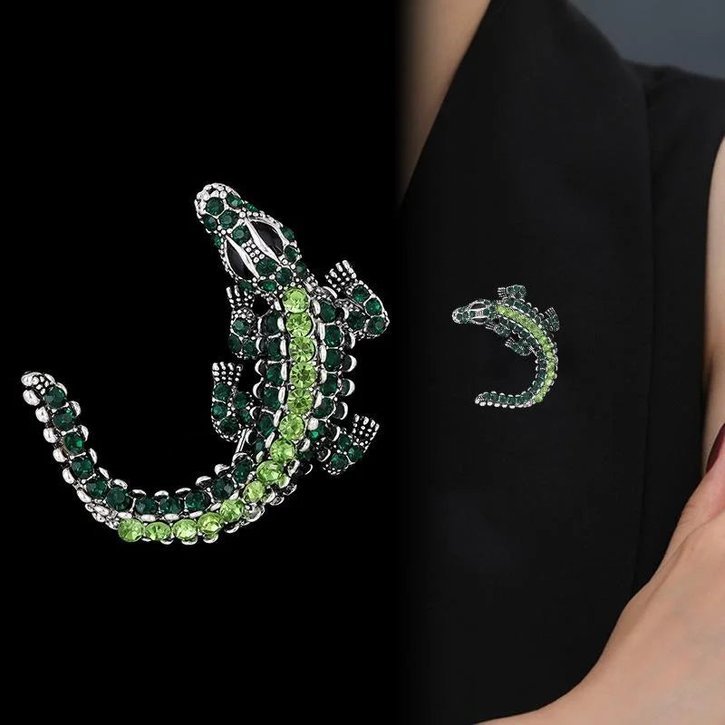Vintage Rhinestone Crocodile Brooch, Electroplated Alloy Animal Lapel Pin For Women Suit Accessory Gift