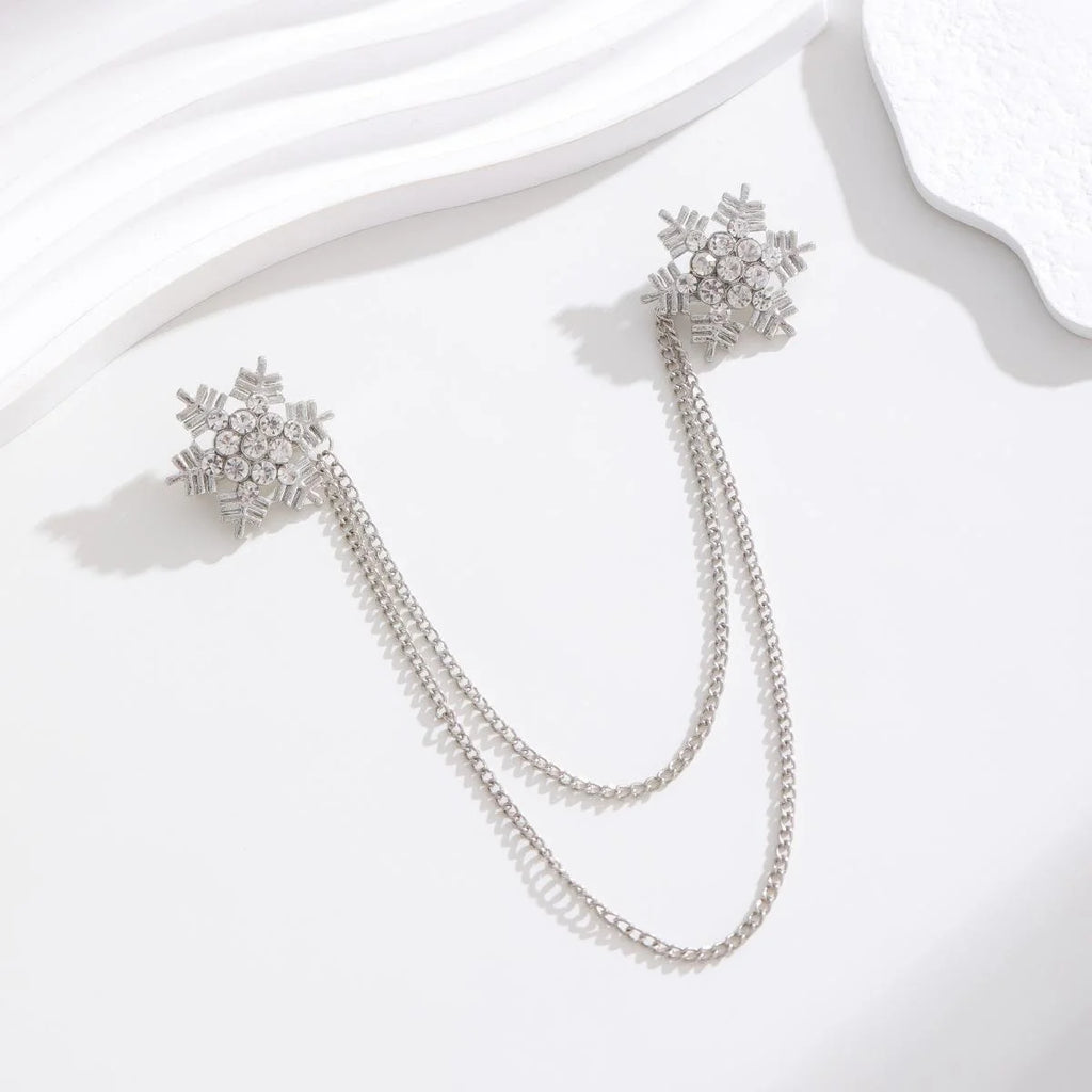 Elegant Rhinestone Snowflake Double Chain Collar Brooch Gold Tone Alloy Lapel Pin Suit Accessory Gift